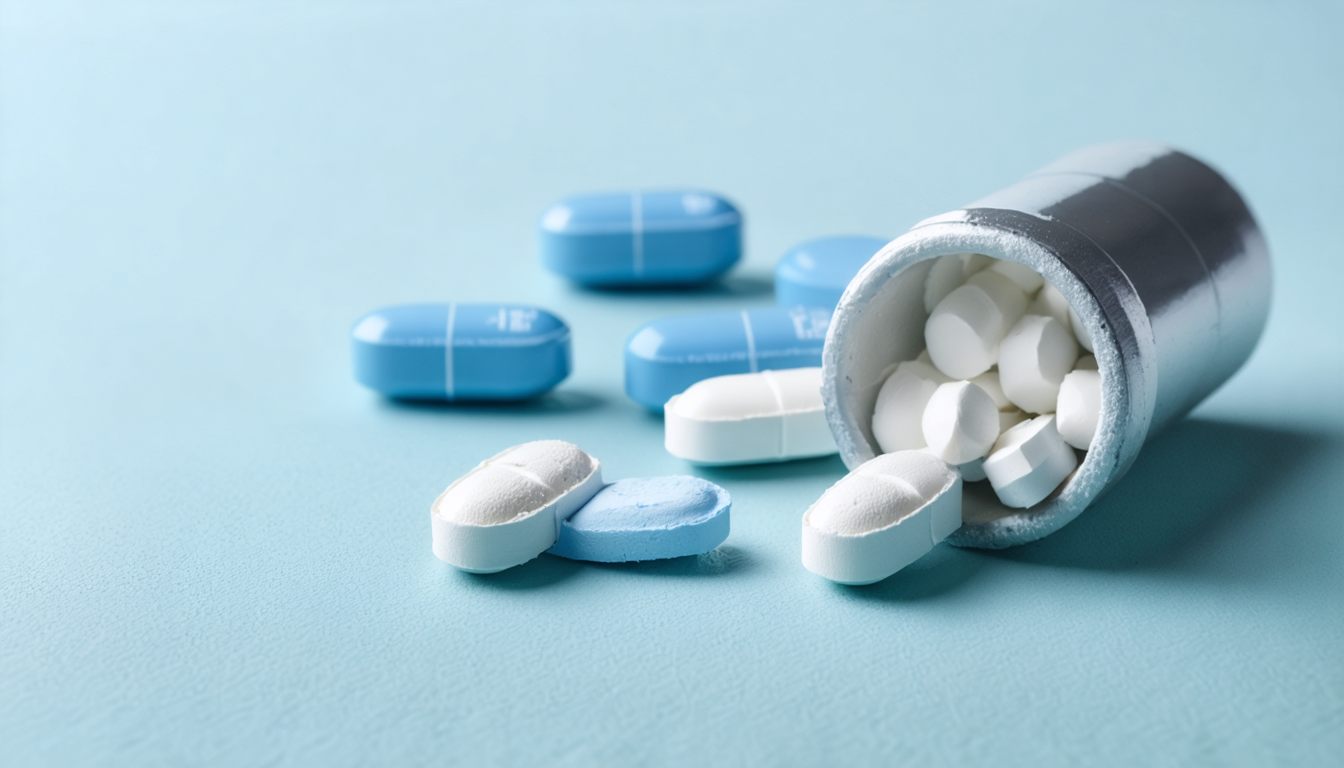 Blister pack of sildenafil tablets next to a glass of water and a medical information leaflet